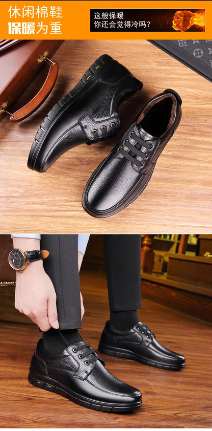 Autumn Men's Leather Shoes True Cowhide Flat Bottom Anti-Slip Plus Size Casual Elderly Father Shoes Rubber Sole China Made