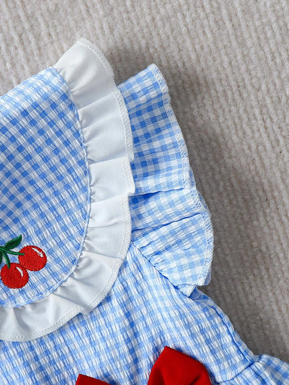 Summer Baby Girls 2Pcs Set 9-12M Blue Gingham Cherry Embroidered Ruffle Top & Bloomers  Infant Casual Daily Wear
