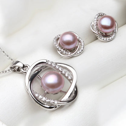 Real 925 Sterling Silver Necklace Earring Sets Women,Classic Wedding Natural Pearl Pendant Sets White Black Grey Gift