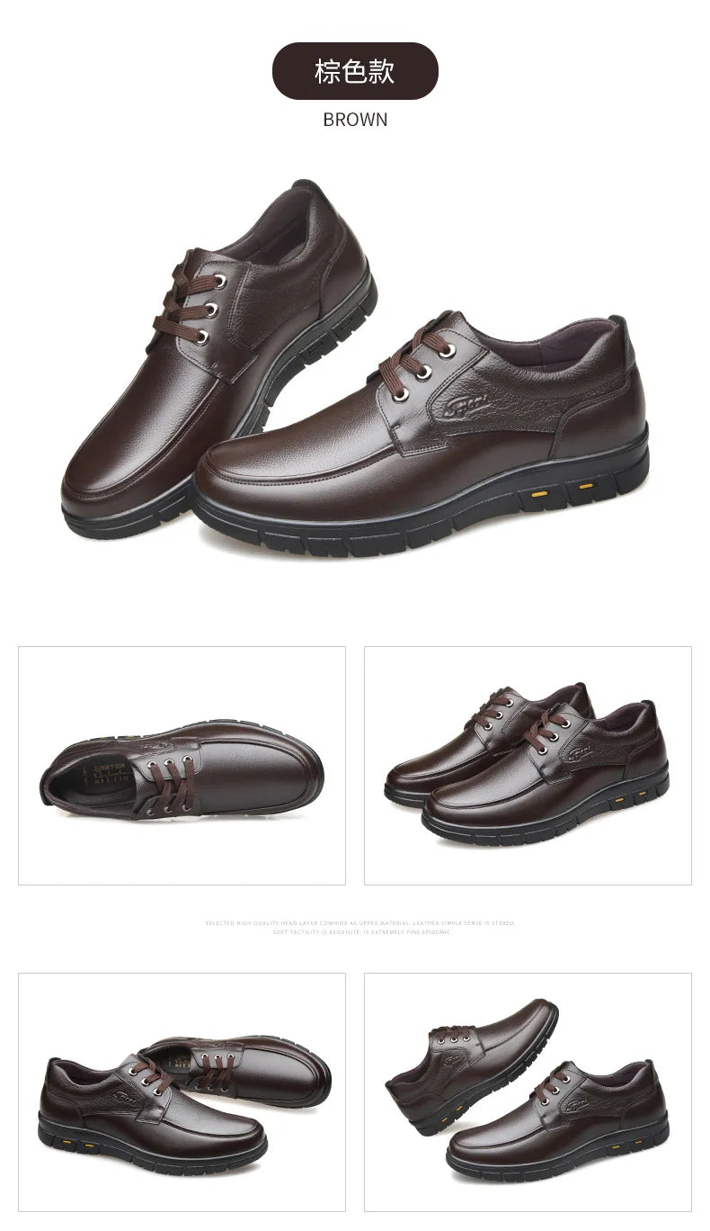 Autumn Men's Leather Shoes True Cowhide Flat Bottom Anti-Slip Plus Size Casual Elderly Father Shoes Rubber Sole China Made