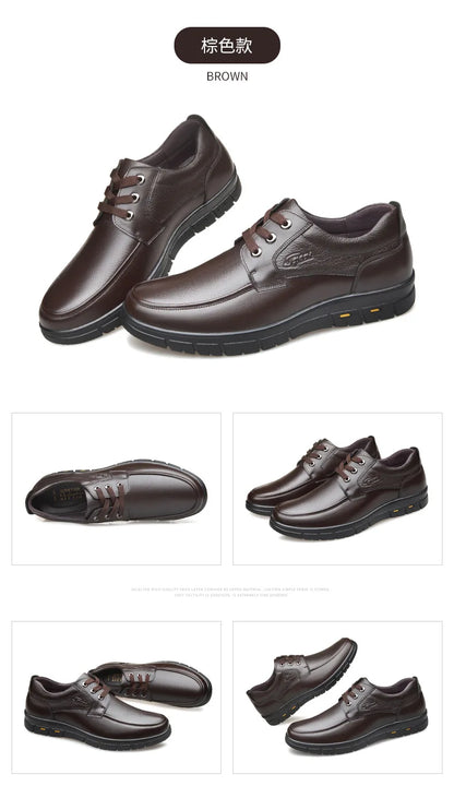 Autumn Men's Leather Shoes True Cowhide Flat Bottom Anti-Slip Plus Size Casual Elderly Father Shoes Rubber Sole China Made