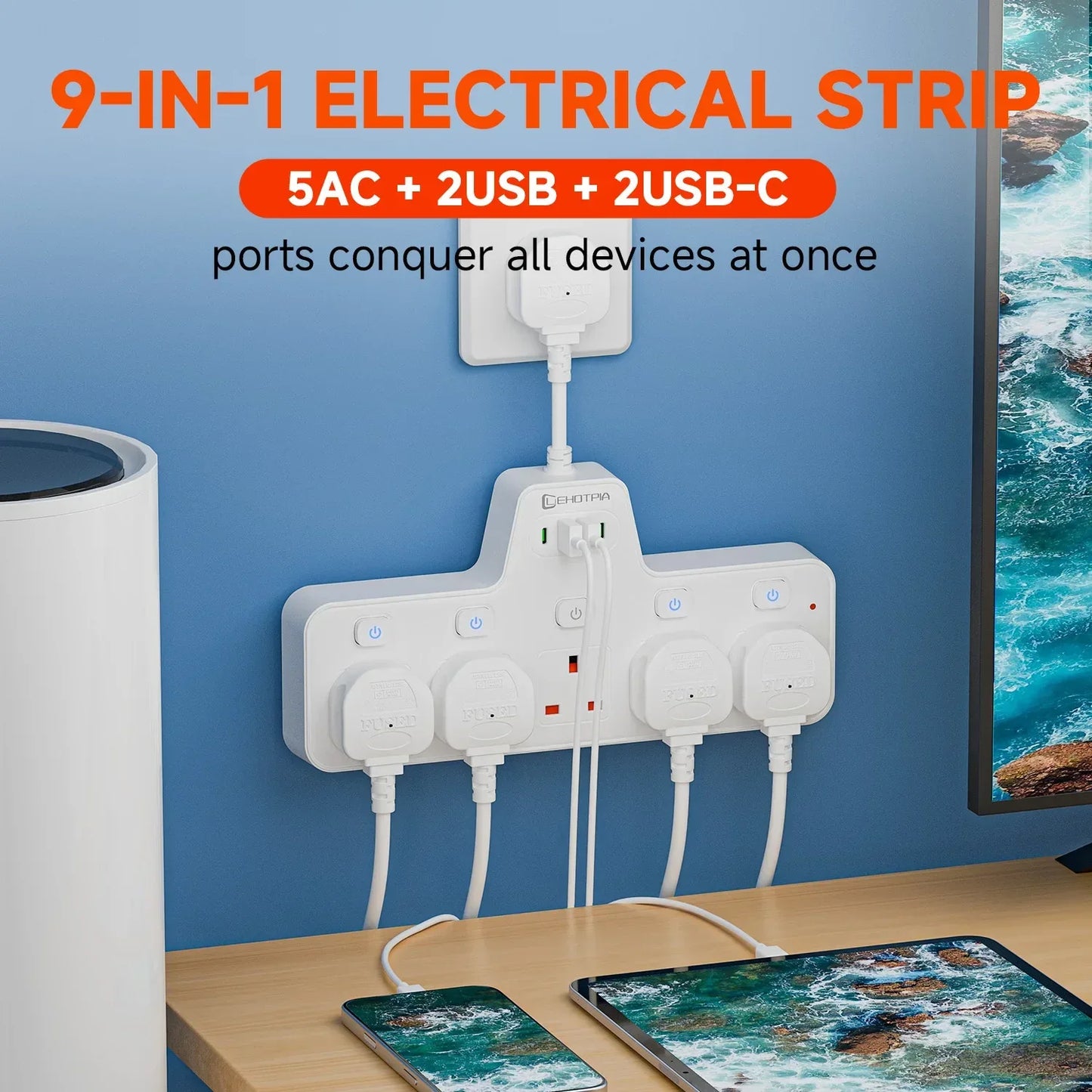 2500W UK Plug Power Strip Wall Mounted Independent Switches, Multitap Network Filter USB-C Ports 2.1A Fast Charging Adapter