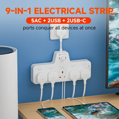 2500W UK Plug Power Strip Wall Mounted Independent Switches, Multitap Network Filter USB-C Ports 2.1A Fast Charging Adapter
