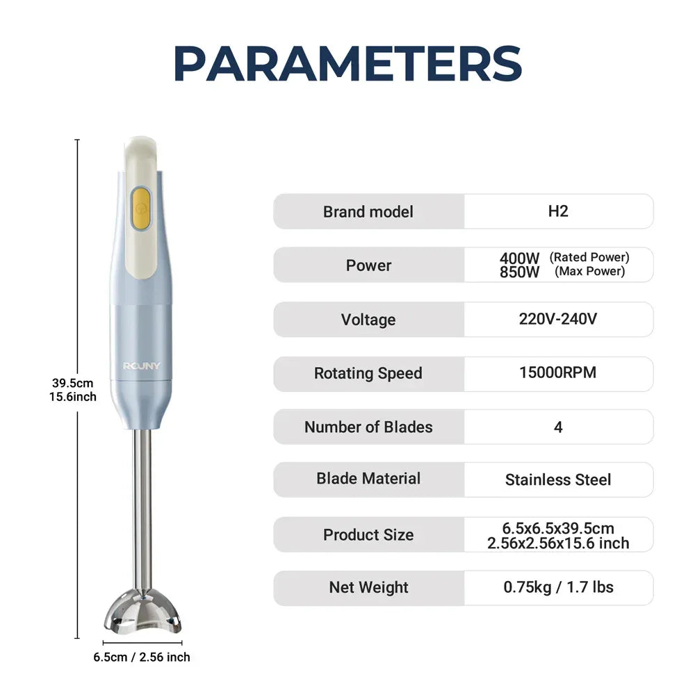 ROUNY Handheld Immersion Blender with Stainless Steel Blades for Kitchen Food Mixing, Light Blue Stick Blender, Classic Basic