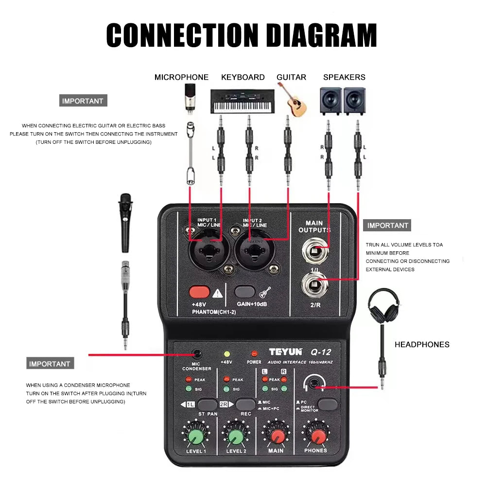 2 Channels Professional portable Audio Interface sound card console mini USB MIXER for Guitar Recording Studio Singing Q12