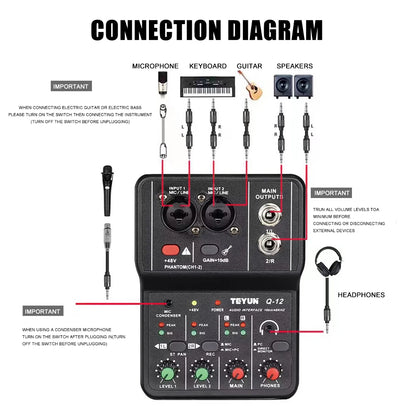 2 Channels Professional portable Audio Interface sound card console mini USB MIXER for Guitar Recording Studio Singing Q12