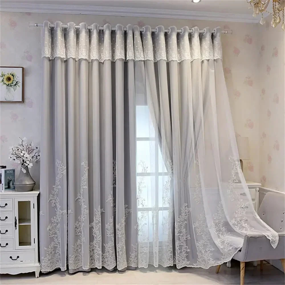 Luxury Beige Double Layer Embroidery Blackout Curtain for Bedroom Living Room European Delicate Sheer Plus Darkening Cloth Drape
