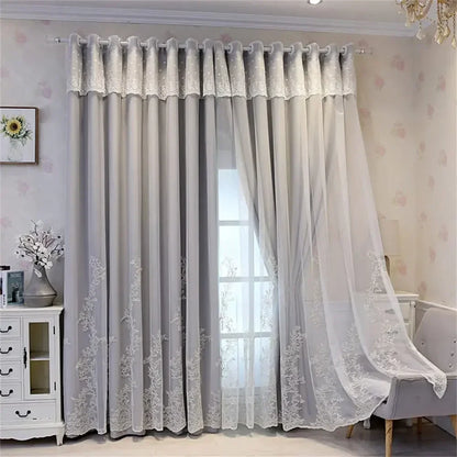 Luxury Beige Double Layer Embroidery Blackout Curtain for Bedroom Living Room European Delicate Sheer Plus Darkening Cloth Drape