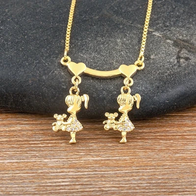 Nidin Exquisite Gold Plated Mom Daughter Necklace Girl Boy Pendant Chain Choker Cubic Zirconia Jewelry Mother's Day Gift
