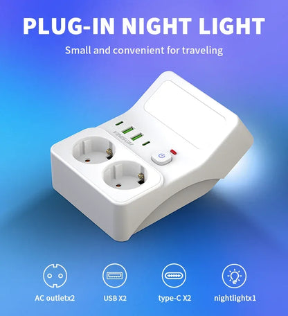 Wall Socket Power Strip with 2 AC Outlets 2 USB Ports 2 Type-C EU Plug Charger Electrical Switch For Home Power Socket