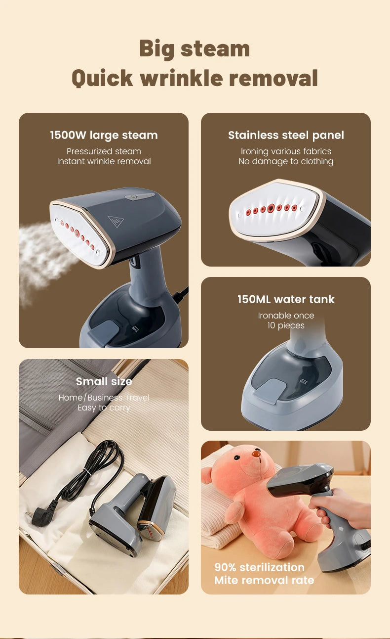 Fast-Heat Garment Steamer Foldable Ironing 1500W Machine Household Electric Fabric Steamer for Home Travel Handheld Steam Iron