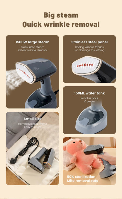 Fast-Heat Garment Steamer Foldable Ironing 1500W Machine Household Electric Fabric Steamer for Home Travel Handheld Steam Iron