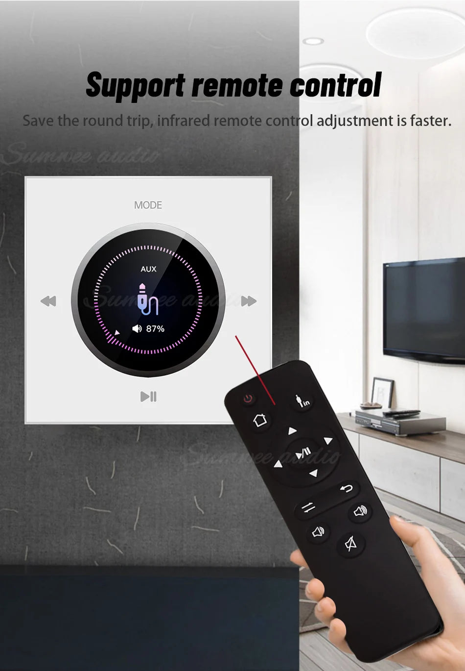 Home Background music player system audio in wall power amplifier bluetooths TF USB FM radio AUX controls panel ceiling speakers