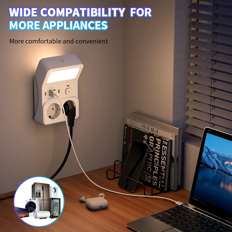 Wall Socket Power Strip with 2 AC Outlets 2 USB Ports 2 Type-C EU Plug Charger Electrical Switch For Home Power Socket