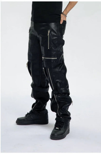 Mauroicardi Spring Autumn Cool Black Pu Leather Pants Men with Many Zippers Belt Luxury Designer Clothing Trousers Fashions 2023