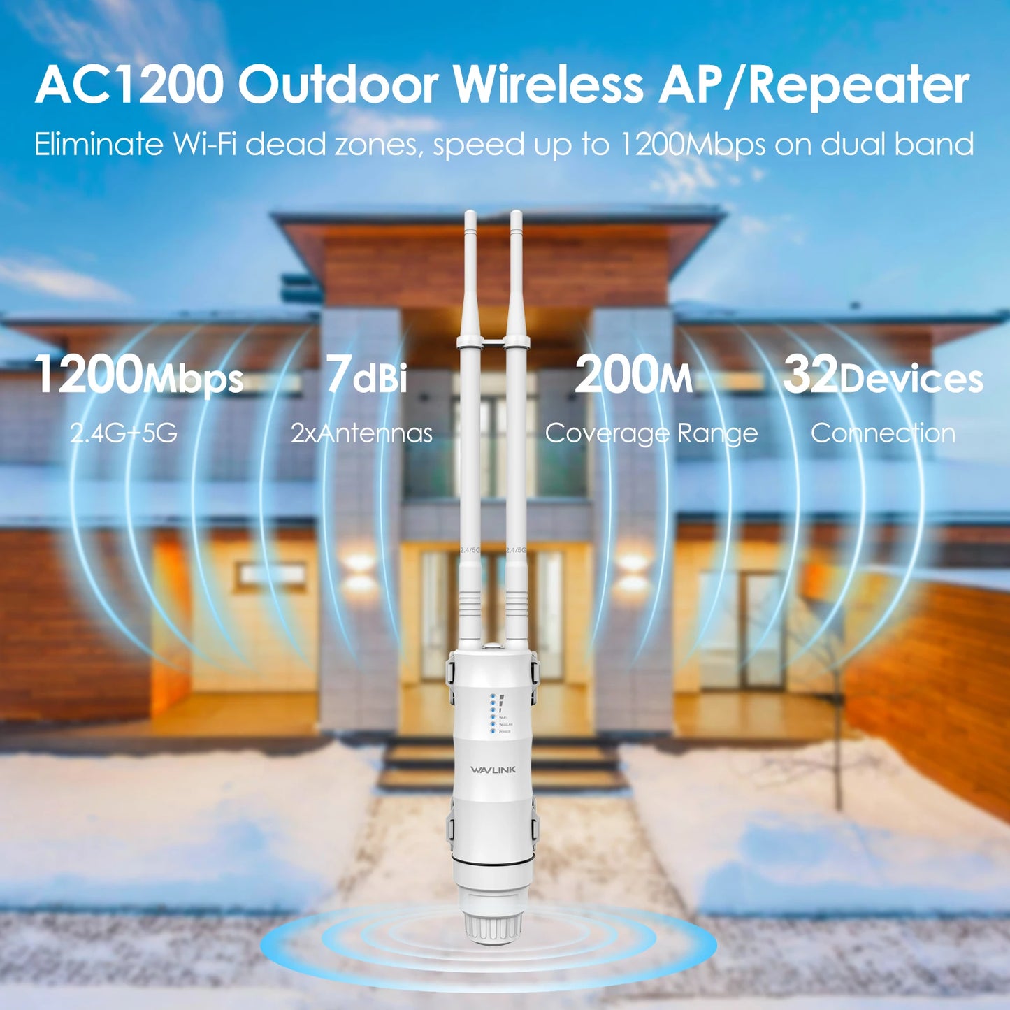 WAVLINK AC600/1200 High Power Outdoor Router Dual Band Weatherproof Long Range Mesh Technology 4 Directional Antennas