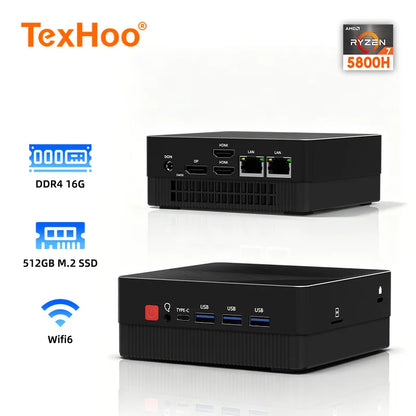 TexHoo Mini PC AMD R7 5800H 7730U up to 16G DDR4 512G NVMe Dual HDMI DP Wifi6 WDesktop Gaming Computer Dual Network Ports