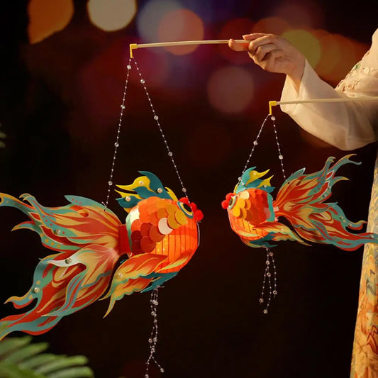 1 Set Goldfish Paper Lantern with Pole DIY Handmade Lantern Chinese New Year Mid-Autumn Festival Fish Night Light Material Bag