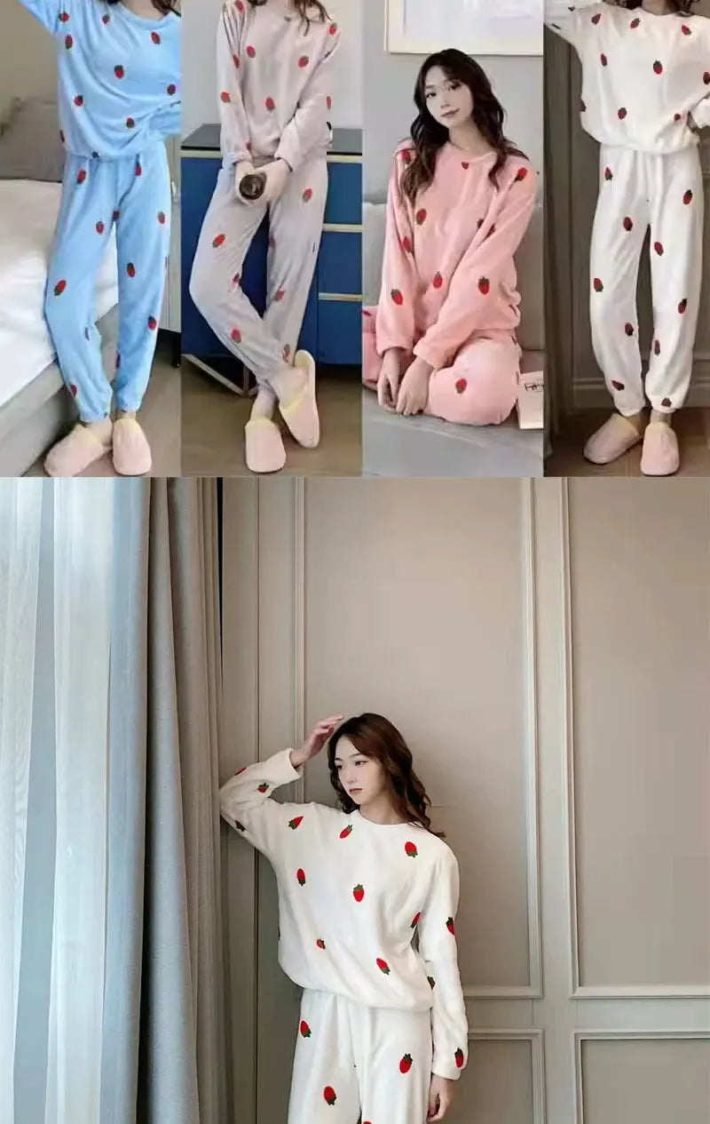 Women Pyjamas Sets 2025 Autumn Winter Warm Flannel Strawberry Coral Long Sleeve Girls Sleepwear Casual Fleece Pajamas Homewear