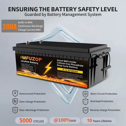 MFUZOP  12V 100Ah 200Ah 300Ah  LiFePO4 Battery Intelligent BMS System 1280Wh 2560Wh 3840Wh Deep Cycle for Solar Storage System