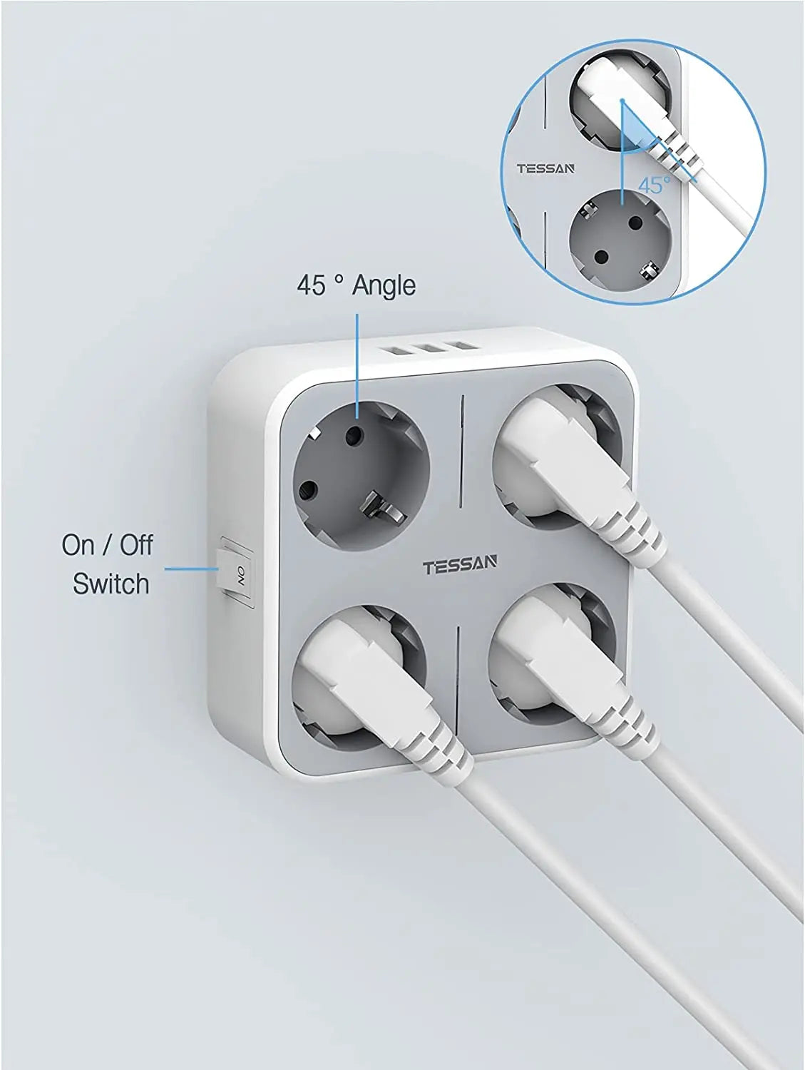 TESSAN Multiple Wall Socket Power Strip with 4 AC Outlets & 3 USB Ports 7 in 1 Adapter Overload Protection for Home Office