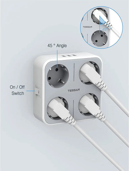 TESSAN Multiple Wall Socket Power Strip with 4 AC Outlets & 3 USB Ports 7 in 1 Adapter Overload Protection for Home Office