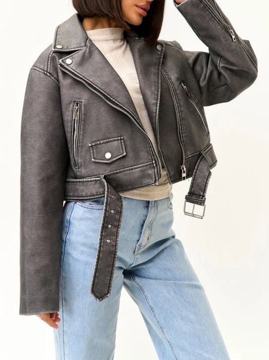 Veste courte ample vintage pour femme Ailegogo en similicuir PU, style vintage, idéale pour le printemps et l'automne. Fermeture éclair et ceinture intégrées. Manteau motard.