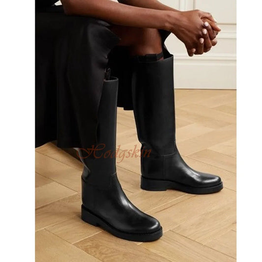 Genuine Leather Casual Boots Round Toe Chunky Med Heels Solid Slip On Trouser Boots Knee High Autumn Women Sexy Luxury Shoes