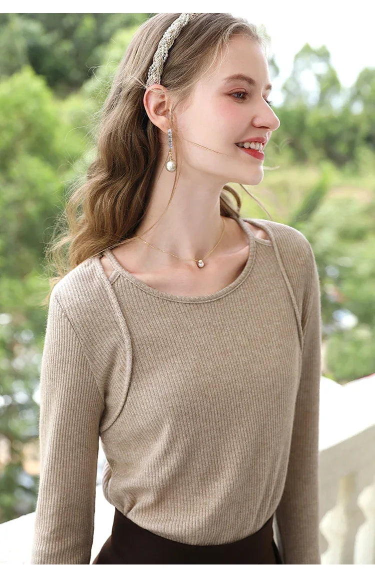 I BELIEVE YOU T-shirts for Women 2024 Autumn New Khaki Flash Silver Fake Two Long Sleeve Fashion Lady Bottom Sweaters 2243015763