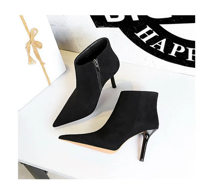 BIGTREE Shoes Suede Ankle Boots For Women Heels Winter Boots Pointed Stilettos High-heeled Boots Side Zipper Black Short Boots