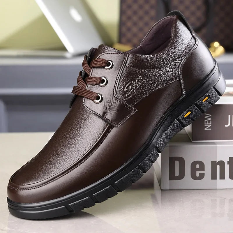 Autumn Men's Leather Shoes True Cowhide Flat Bottom Anti-Slip Plus Size Casual Elderly Father Shoes Rubber Sole China Made