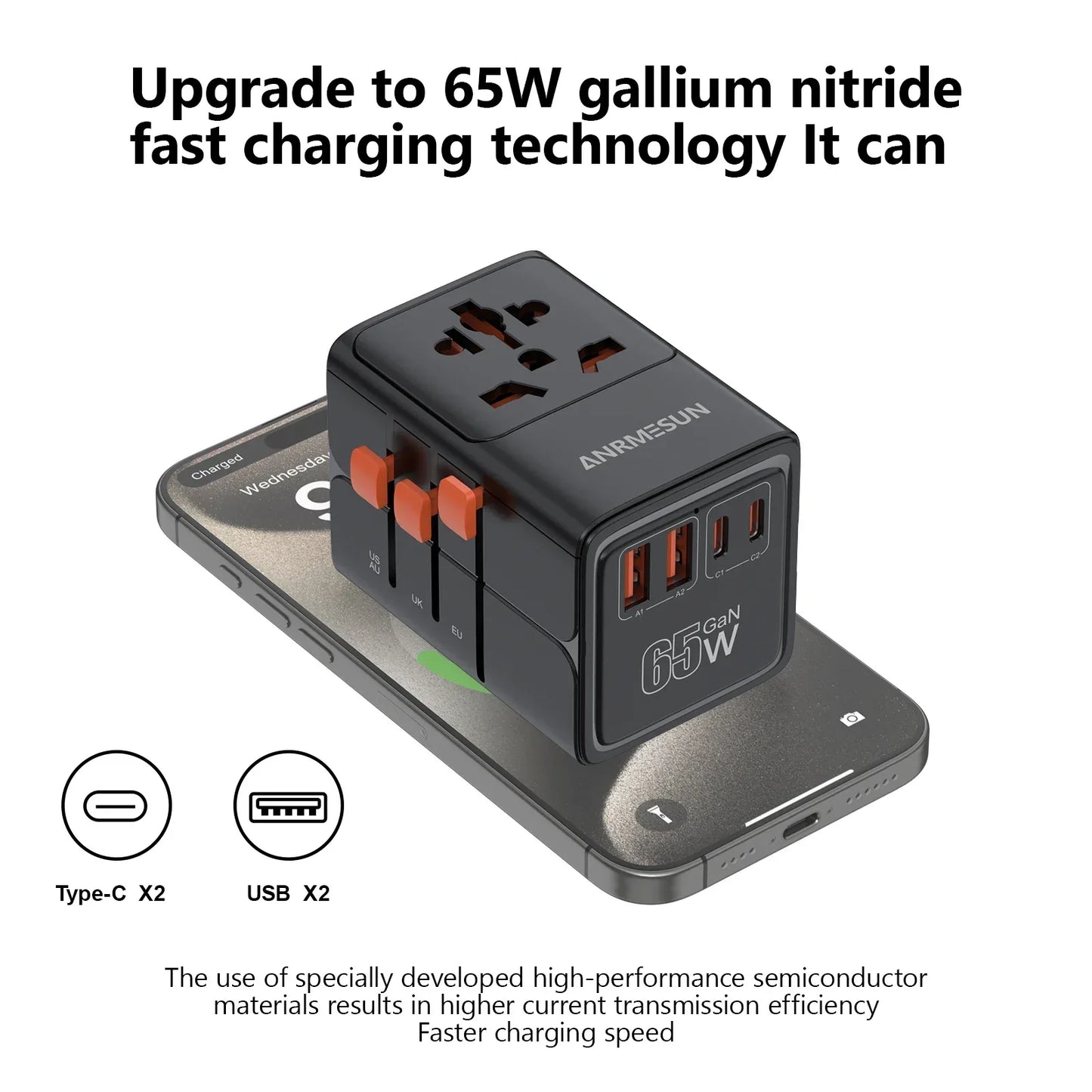65W/45W/25W GaN Universal Travel Adapter with 2 USB 2 Type C Fast Charging All-in-one Travel Charger EU/UK/USA/AUS for Travel
