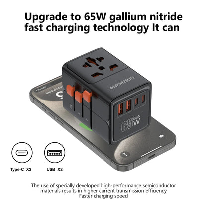 65W/45W/25W GaN Universal Travel Adapter with 2 USB 2 Type C Fast Charging All-in-one Travel Charger EU/UK/USA/AUS for Travel