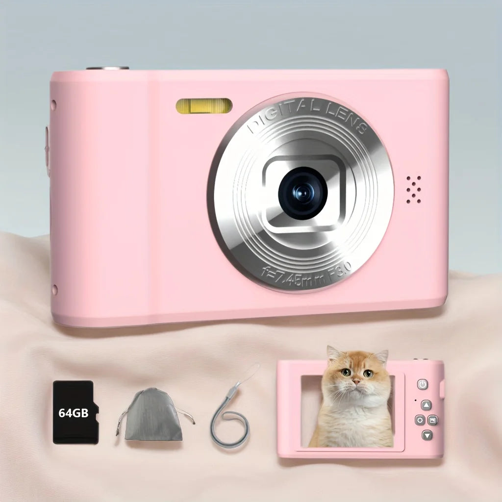 FUNNY PANDA Pink Digital Camera, 44MP 1080P Vlogging Camera with 16X Zoom, 2.2 Inch Screen, Self Timer, Webcam Mode, Plug and Play, 64GB Card Included, Ultra Lightweight Compact Retro Design