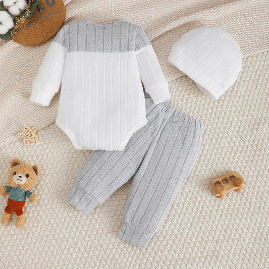 3Pcs/Set of Newborn Baby boy Color Blocked Long sleeved Bodysuit+Pants+Cute Hat Set 0-18 Months Baby boy Spring and Autumn Set