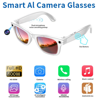 Lunettes intelligentes IA avec caméra 8 MP, enregistrement vidéo, traduction, appels Bluetooth et lecture de musique. Modèle unisexe.