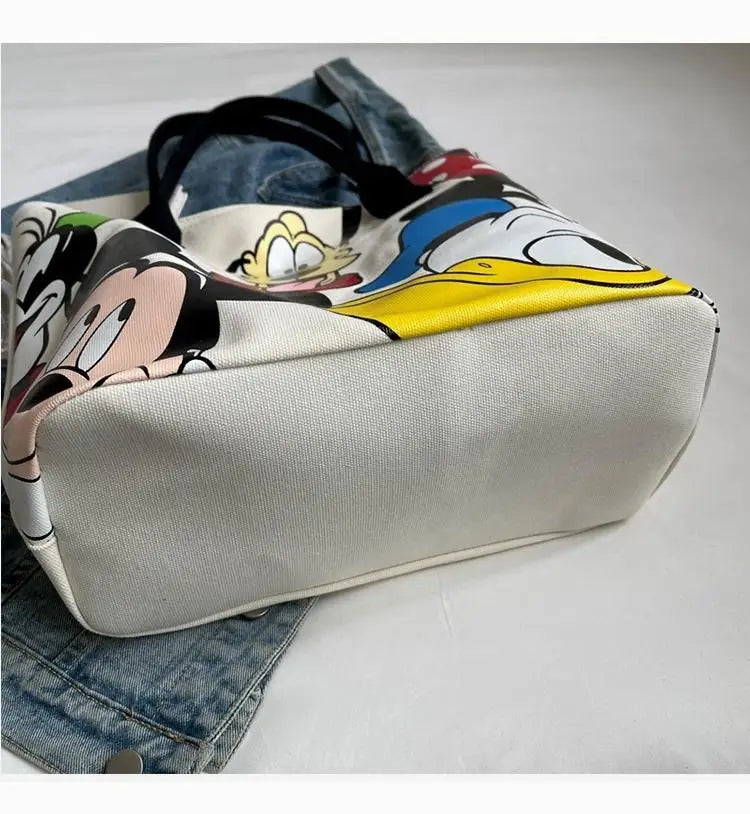 Cartoon Mickey Tote Bag Canvas Bag with Goofy Pattern Shoulder Bag Fashion Travel Large Capacity Canvas Bag Women Shopping Use