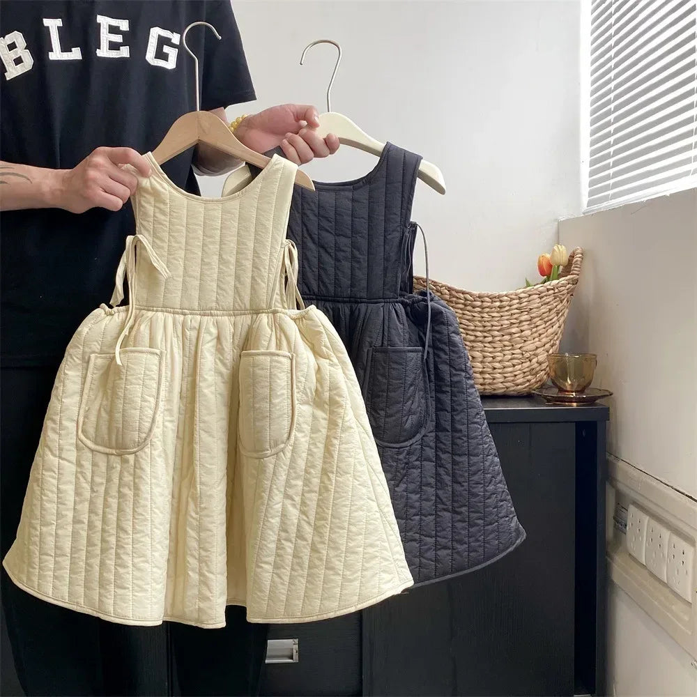Girls Casual Dresses Autumn Winter New Forest Style Children Clothing Strap Skirt Princess Sleeveless Striped Soild