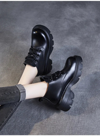 DRKANOL Luxury Design Genuine Leather Ankle Boots For Women Platform Casual Short Boots Women Winter Thick High Heel Warm Shoes