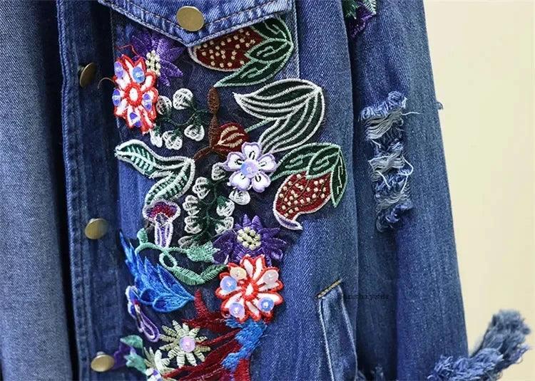 Spring Autumn Loose Vintage Flower Embroidered Denim Jacket Women Single-breasted Casual Raw Fringe Hole Jeans Jackets Female