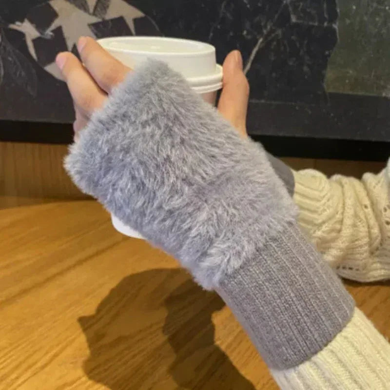 New Solid Color Plush Gloves Women in Autumn and Winter Warm Luxury Woolen Knitted Touch Screen Open Finger Half Finger Gloves