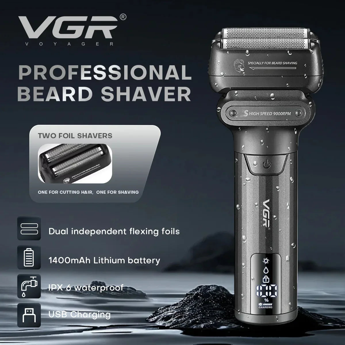 VGR Electric Shaver Professional Shaving Machine 9000 RPM Beard Trimmer LED Display Reciprocating Shaving Machine for Men V-368