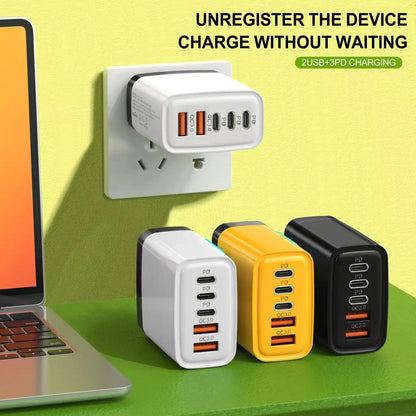 240W GaN Fast Charger 3 USB-C 2 USB-A Ports PD QC3.0 for iPhone 17 16 Galaxy S25 S24 Xiaomi 16 15 Huawei Mate 70 60 Oppo Vivo