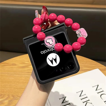Korean Cute Pink Beads Bracelet Strap Love Phone Case For Motorola Razr 40 50 ultra For Z Flip 7/6/5/4/3 Hinge Protective Cover