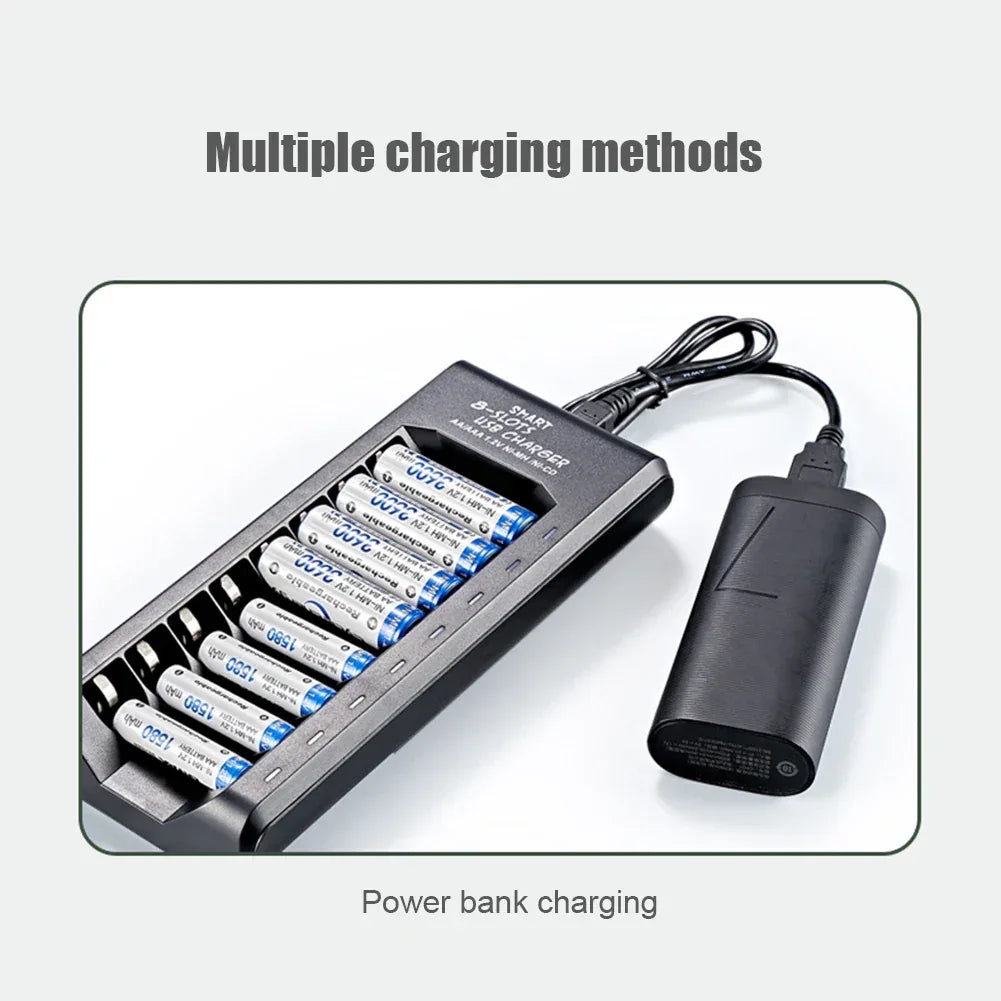 Rechargeable Battery Charger USB Output 8 Slots Fast Charging Short Circuit Protection for 1.2V NiMH AAA/AA Batteries Charger