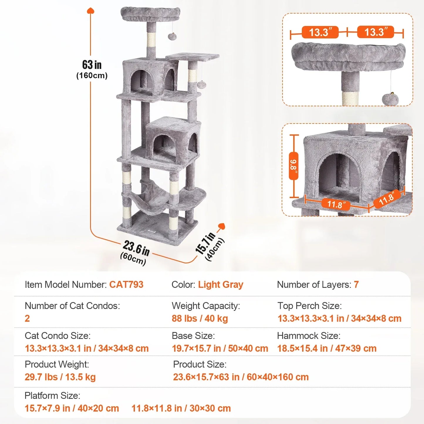 SucceBuy Cat Tree for Indoor Cats 45.2"  Tower with Cat Condo Sisal Scratching Post HammockTop Perch Jumping Platforms Dark Grey