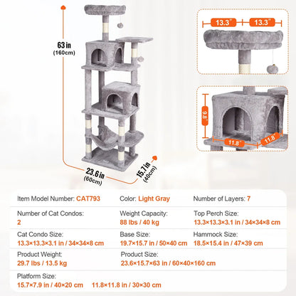 SucceBuy Cat Tree for Indoor Cats 45.2"  Tower with Cat Condo Sisal Scratching Post HammockTop Perch Jumping Platforms Dark Grey