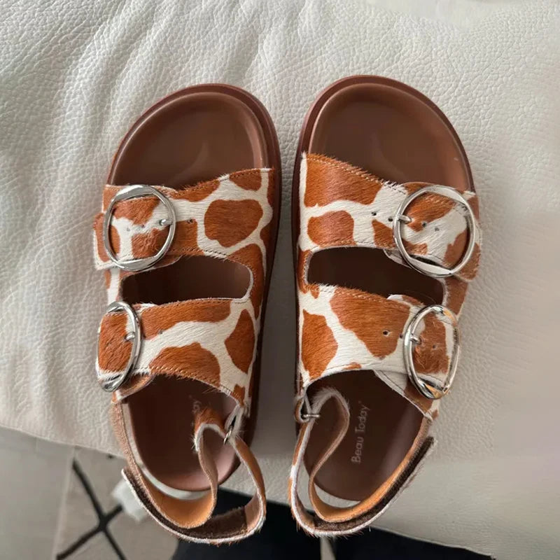 BEAUTODAY Casual Sandals Women Horseskin Animal Prints Double Buckles Straps Thick Sole Outdoor ladies Shoes Handmade 34616