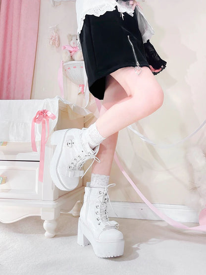 Japanese Mine Lolita Short Boots for Women Mass Production Love Rhinestone Buckle Bow Round Head Platform Boots Sweet Shoes