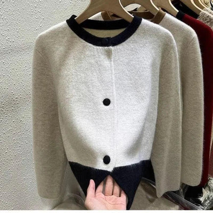 Xiaoxiangfeng Contrasting Color Sweater Jacket for Women in Autumn Winter Spring and Autumn Lazy Style Small Knitted Cardigan